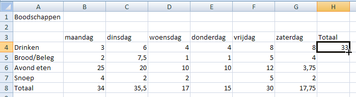 Excel groceries table with daily and total amounts.