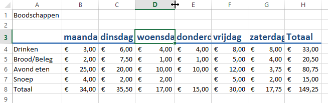 Excel table of weekly grocery expenses overview.