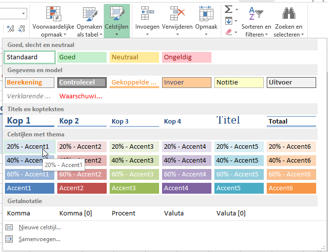 Excel 2013 cell styles selection menu shown.