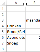 Excel spreadsheet with food categories and weekdays.