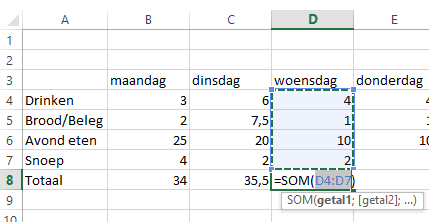 Excel SUM function calculating totals per weekday.