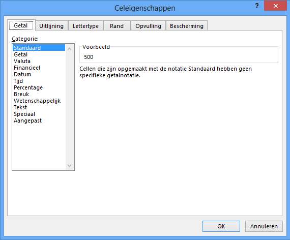 Excel cell formatting options window, Standard selected.