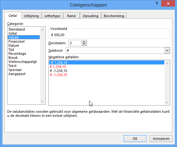Excel currency formatting options window in Dutch.