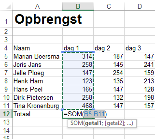 Excel table summing daily sales per person.