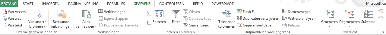 Excel 2013 "Gegevens" tab with data tools.