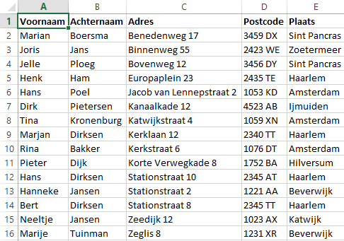 Excel table with Dutch addresses and names.