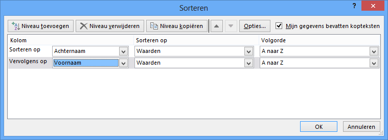 Excel sorting dialog for columns, Dutch interface.