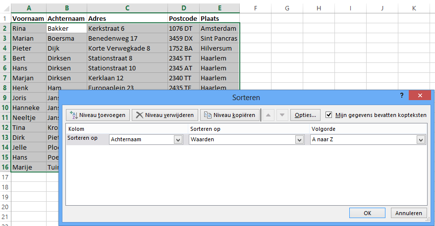 Excel sorting dialog with address list data.