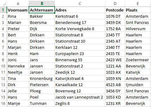 Excel table with Dutch addresses and names.