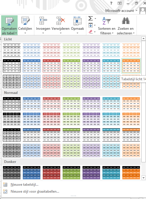 Excel table style selection menu, various options.