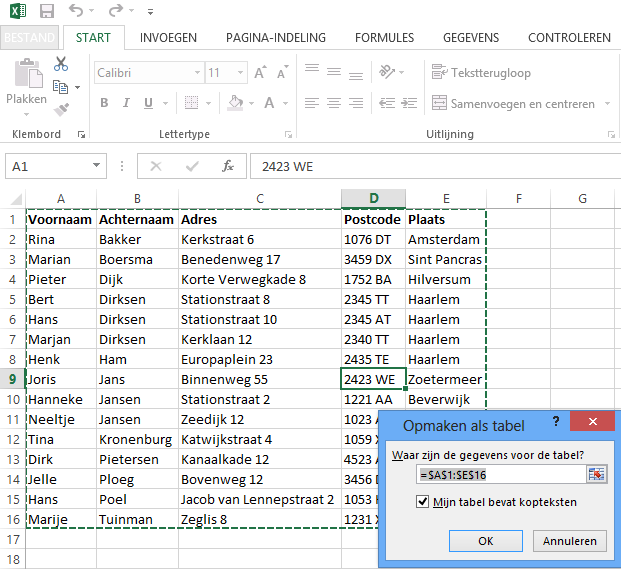 Excel data selection with "Format as Table" dialog.