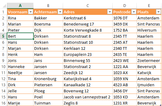 Excel table showing names, addresses, and cities.