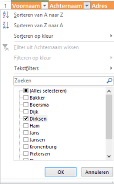 Excel filter menu for sorting and selecting data.
