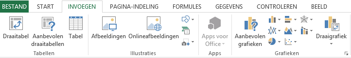 Excel 2013 "Invoegen" ribbon menu options.