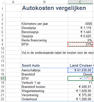 Excel sheet comparing yearly car costs.