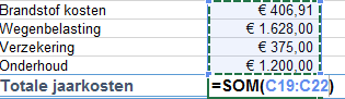 Excel sum formula calculating annual car costs.