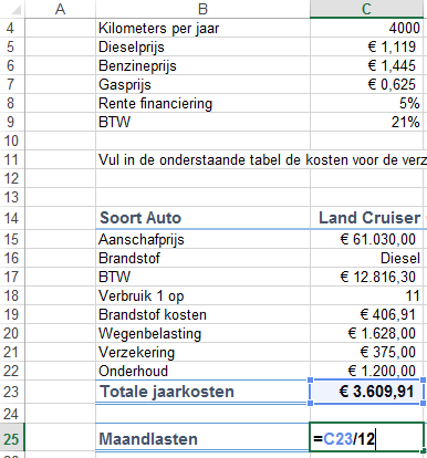 Car annual cost calculation in Excel spreadsheet.