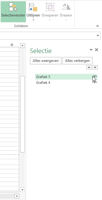 Excel selection pane showing chart visibility options.
