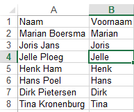 Excel table splitting full names into first names.
